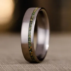 The Fairbanks | Men's High Polish Titanium Wedding Band with Green Imperial Diopside & Gold Flakes Offset Inlay