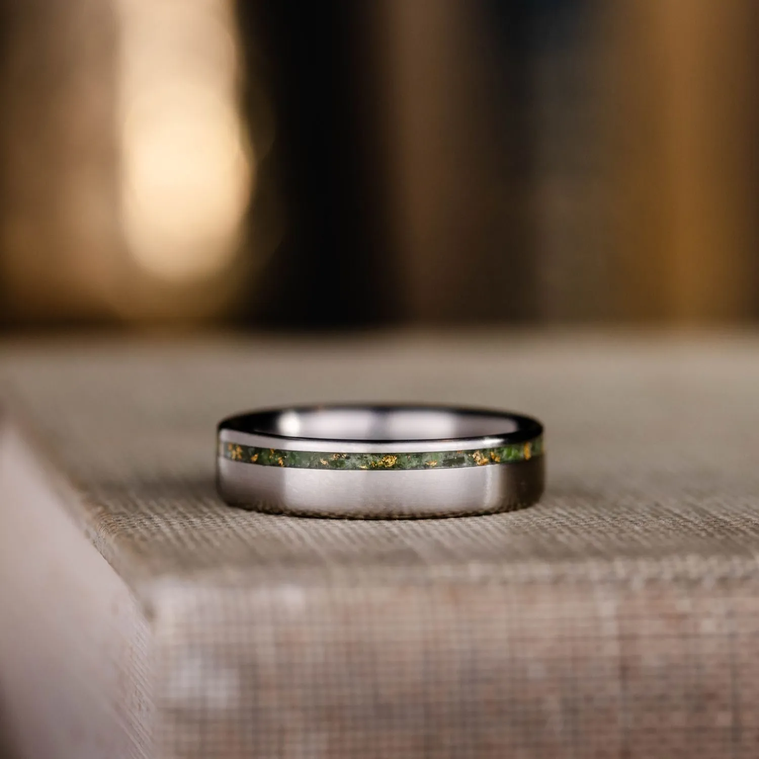 The Fairbanks | Men's High Polish Titanium Wedding Band with Green Imperial Diopside & Gold Flakes Offset Inlay