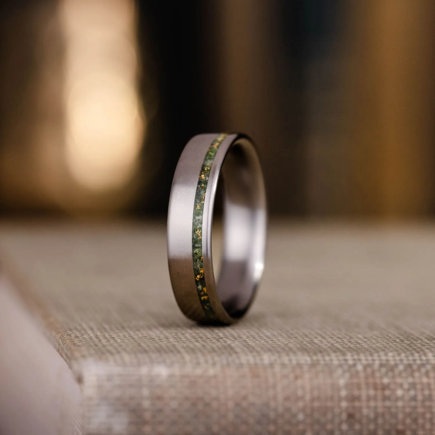 The Fairbanks | Men's High Polish Titanium Wedding Band with Green Imperial Diopside & Gold Flakes Offset Inlay