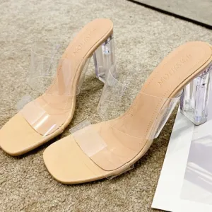 Transparent High Heels Women Square Toe Sandals Summer Shoes Woman Clear High Pumps Wedding Jelly Buty Damskie Heels Slippers