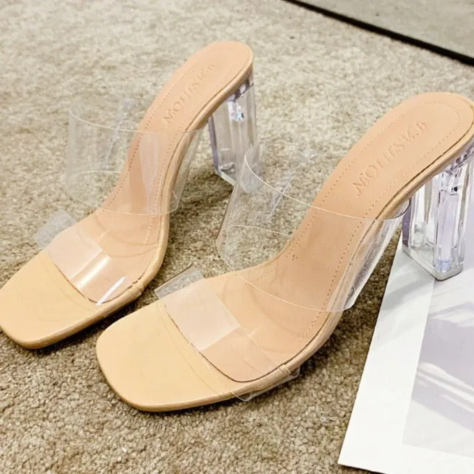 Transparent High Heels Women Square Toe Sandals Summer Shoes Woman Clear High Pumps Wedding Jelly Buty Damskie Heels Slippers