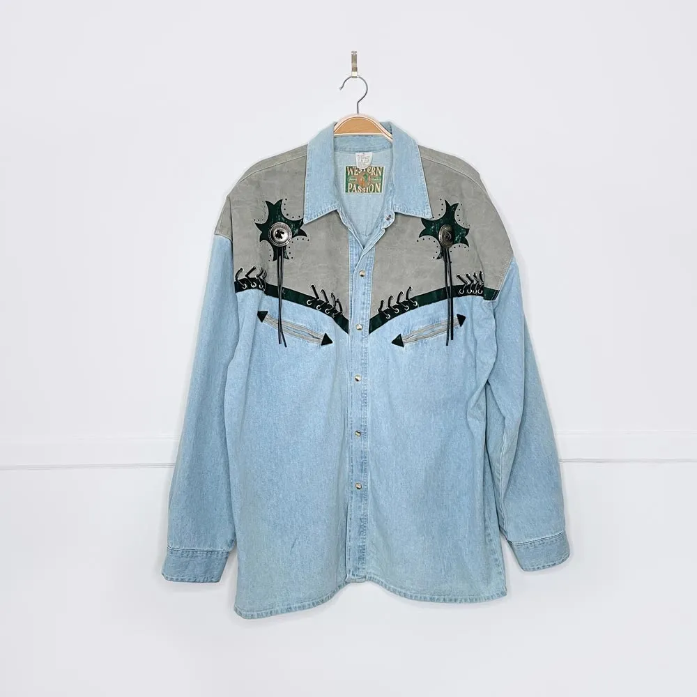 vintage 90s western passion concho   braided trim denim shirt