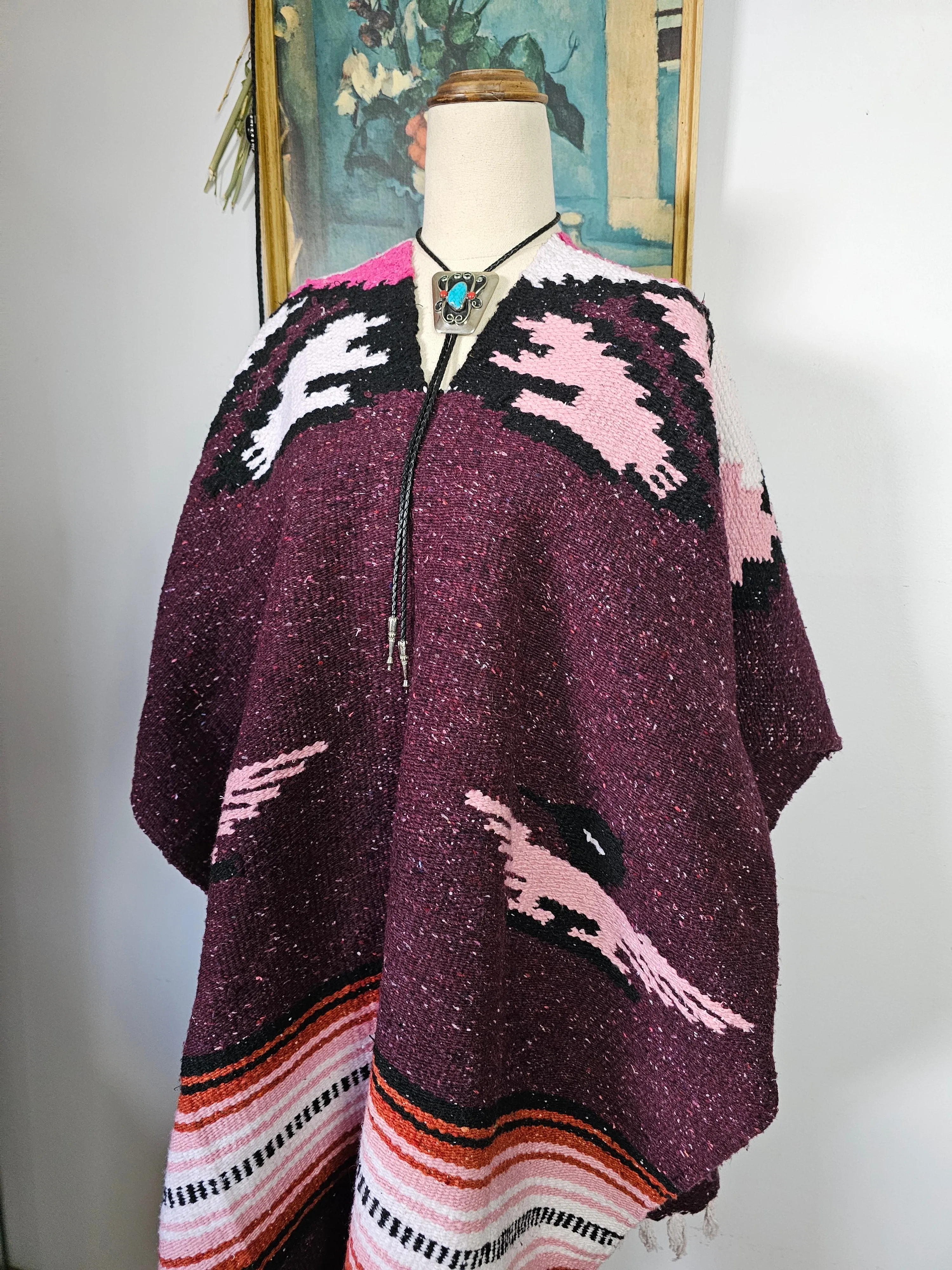 Vintage Mexican Bird Serape Poncho – Plum Pink