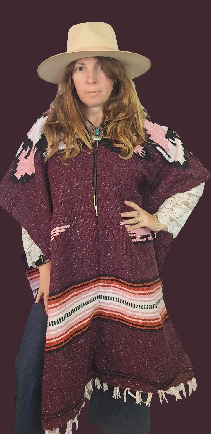 Vintage Mexican Bird Serape Poncho – Plum Pink