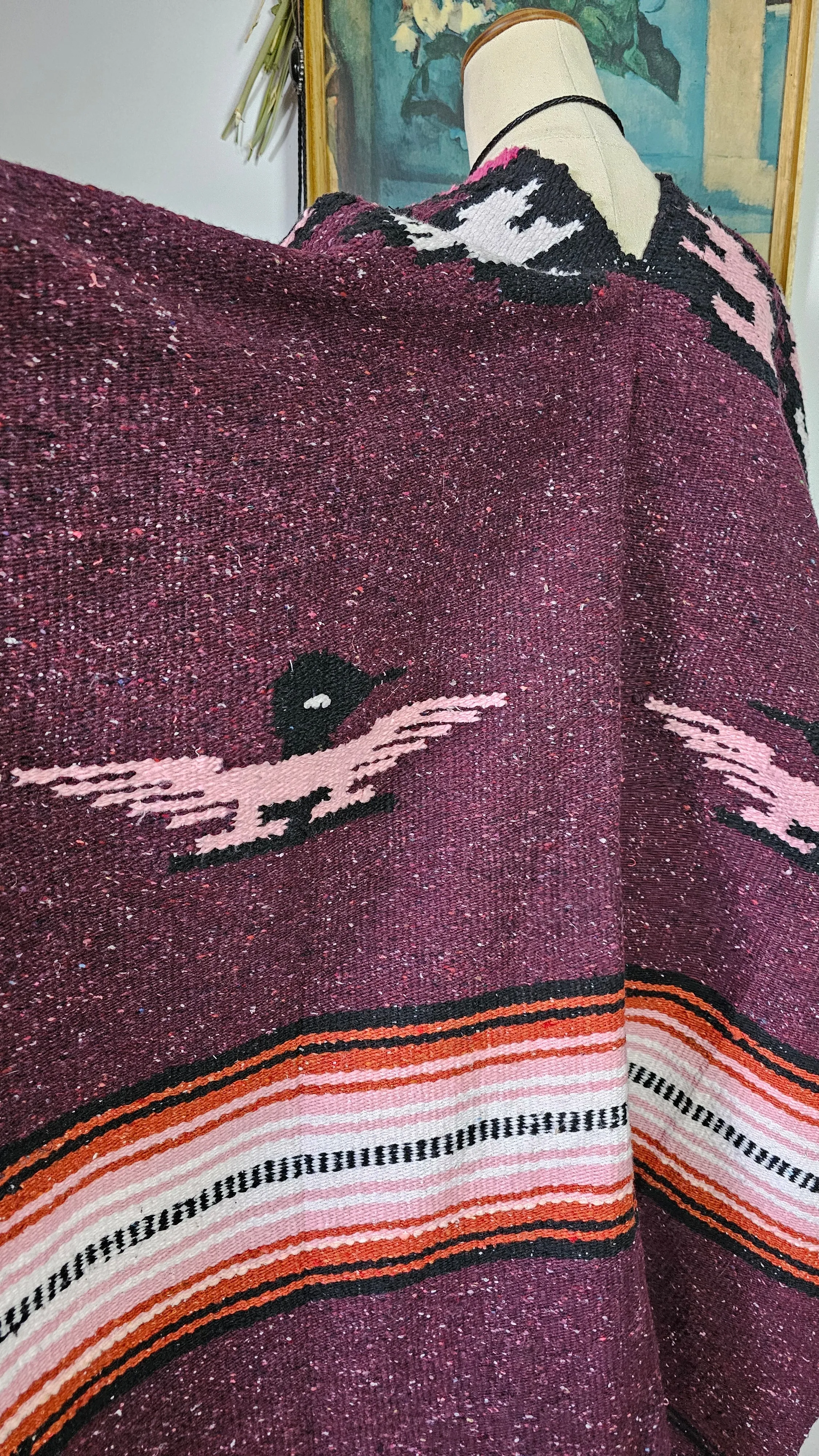 Vintage Mexican Bird Serape Poncho – Plum Pink