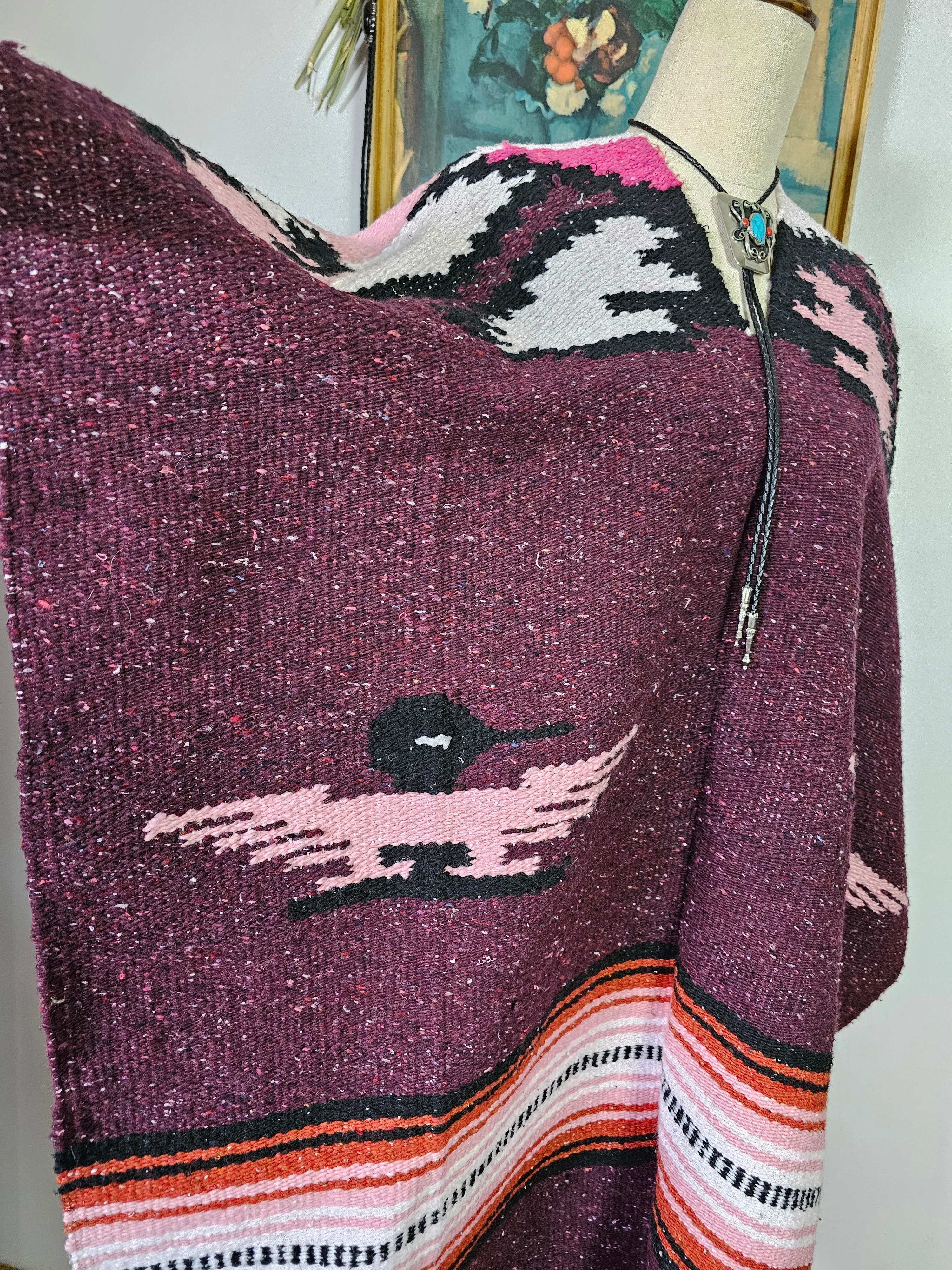 Vintage Mexican Bird Serape Poncho – Plum Pink