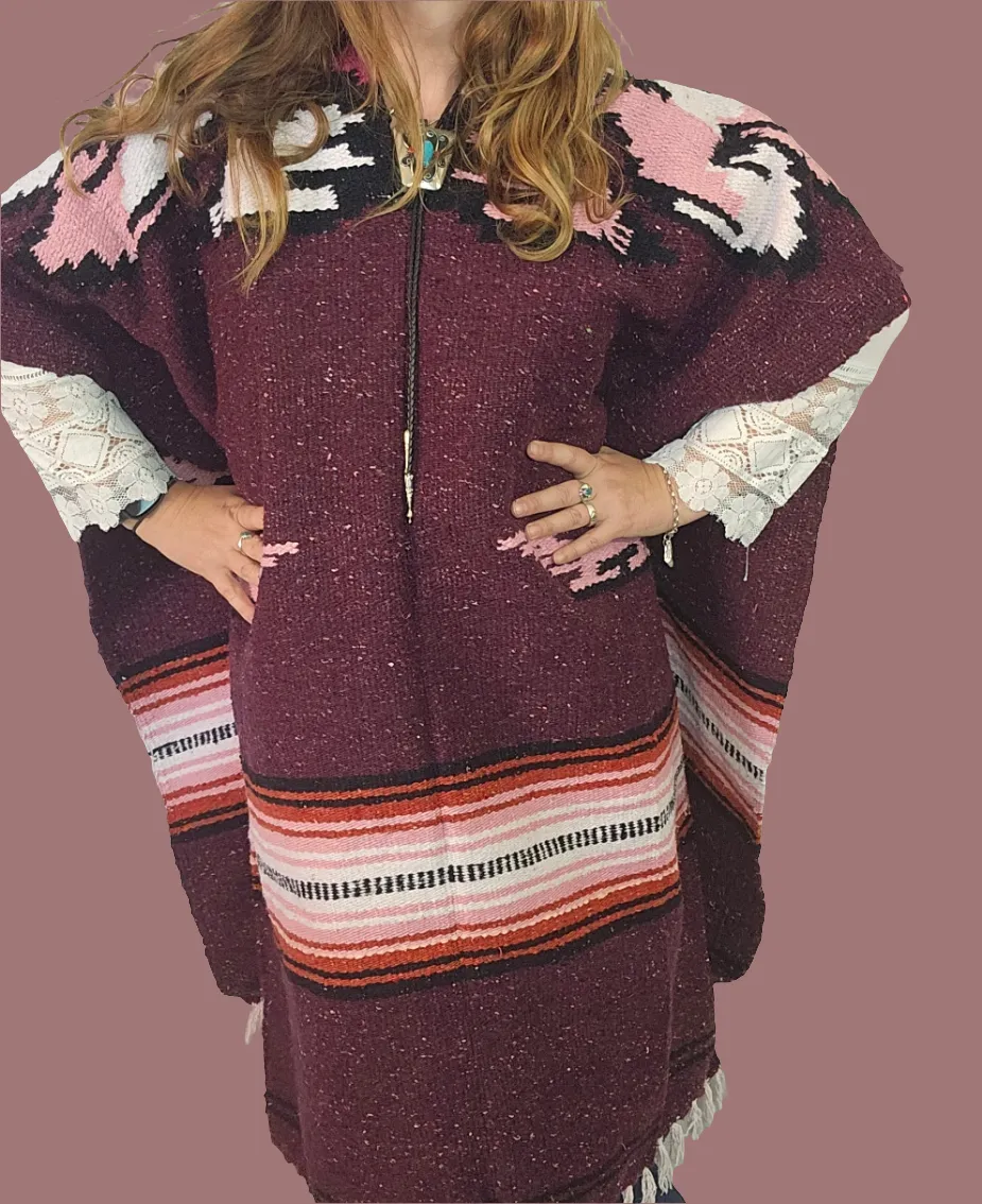 Vintage Mexican Bird Serape Poncho – Plum Pink