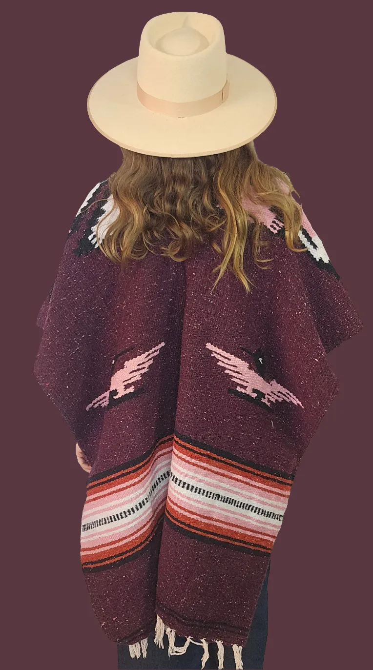Vintage Mexican Bird Serape Poncho – Plum Pink
