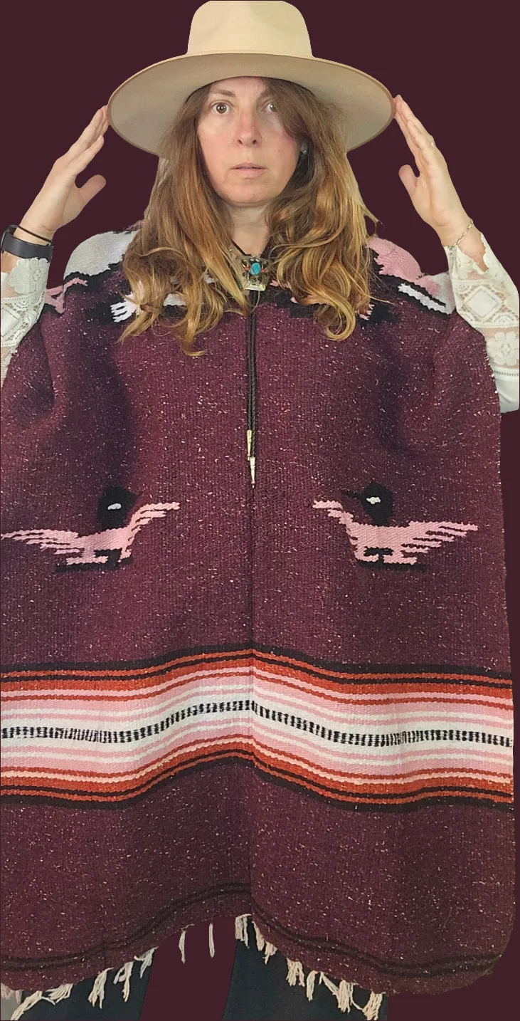 Vintage Mexican Bird Serape Poncho – Plum Pink