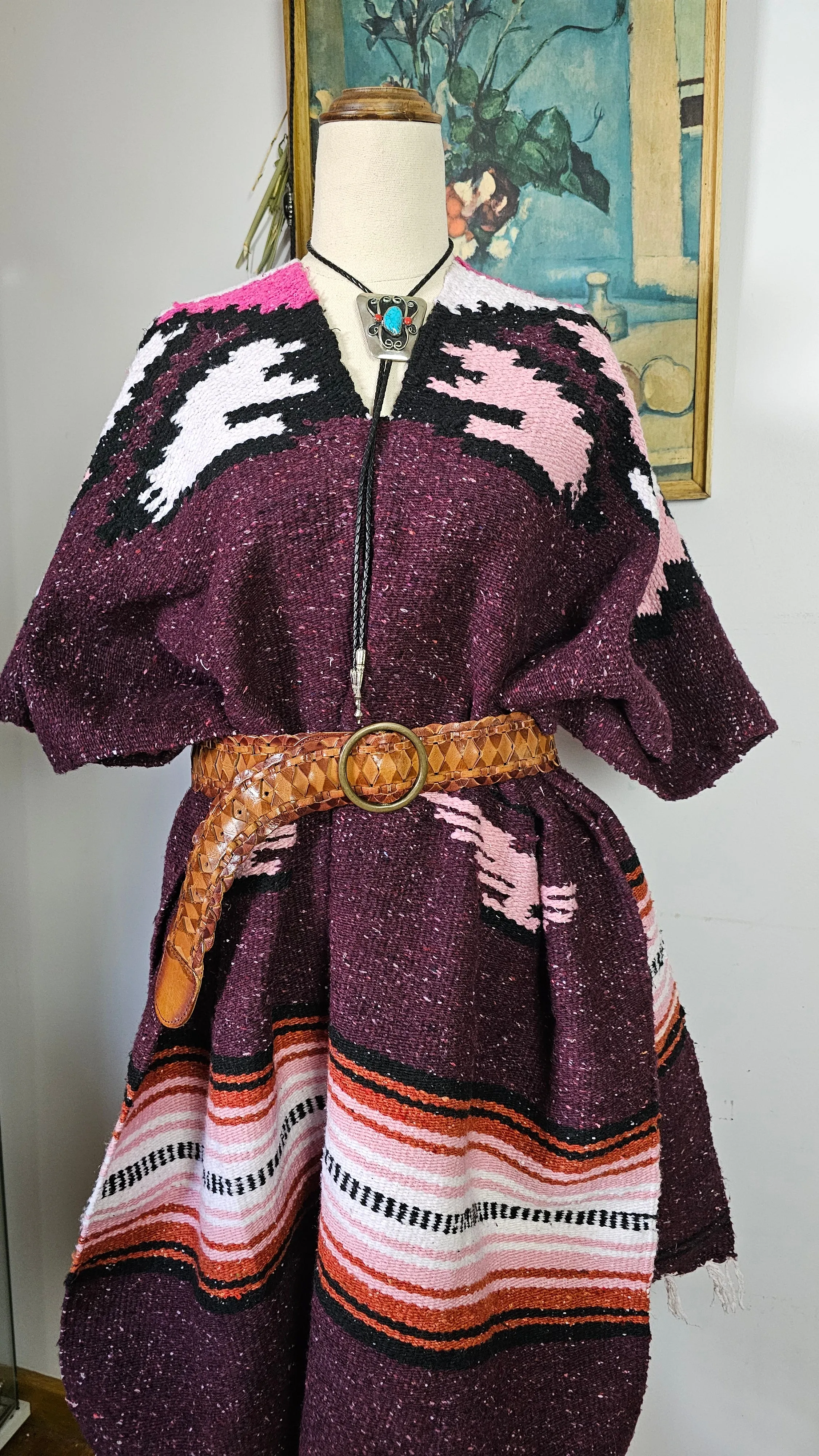 Vintage Mexican Bird Serape Poncho – Plum Pink