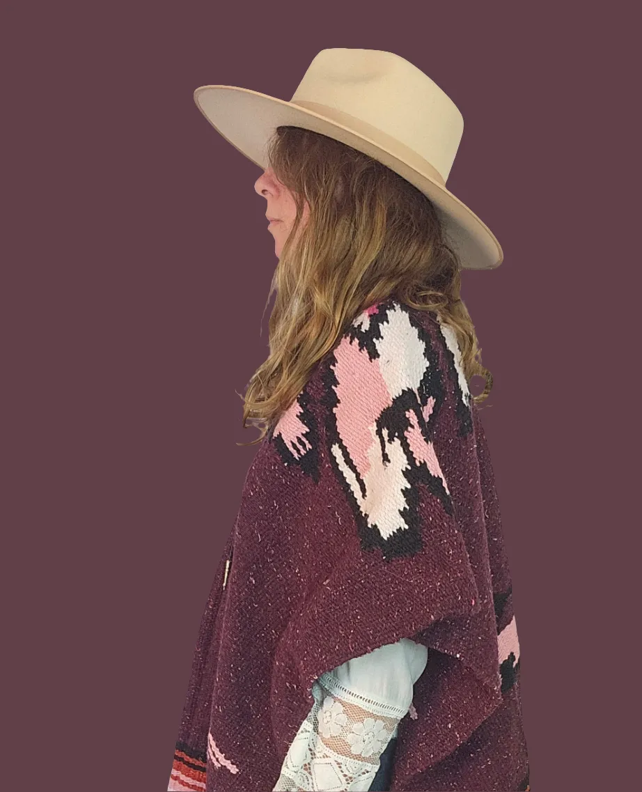 Vintage Mexican Bird Serape Poncho – Plum Pink