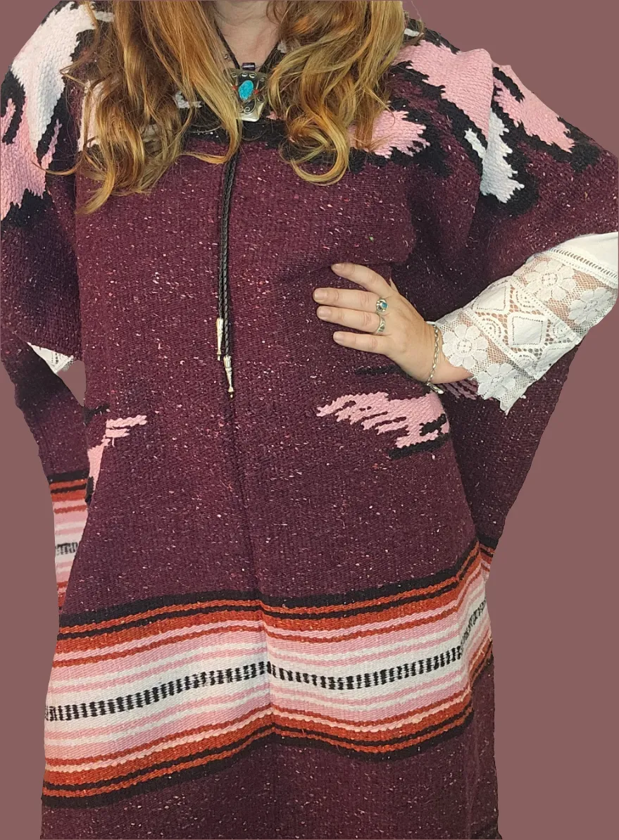 Vintage Mexican Bird Serape Poncho – Plum Pink