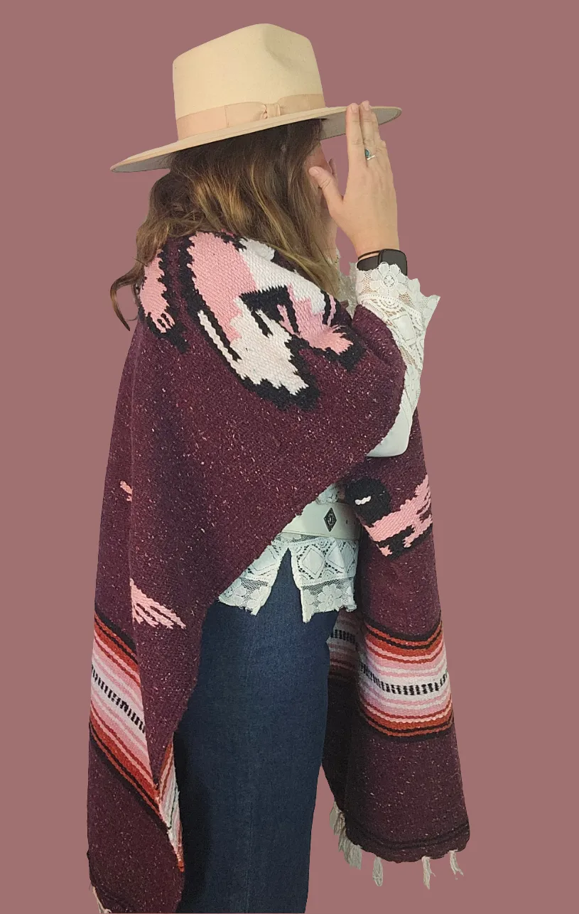 Vintage Mexican Bird Serape Poncho – Plum Pink