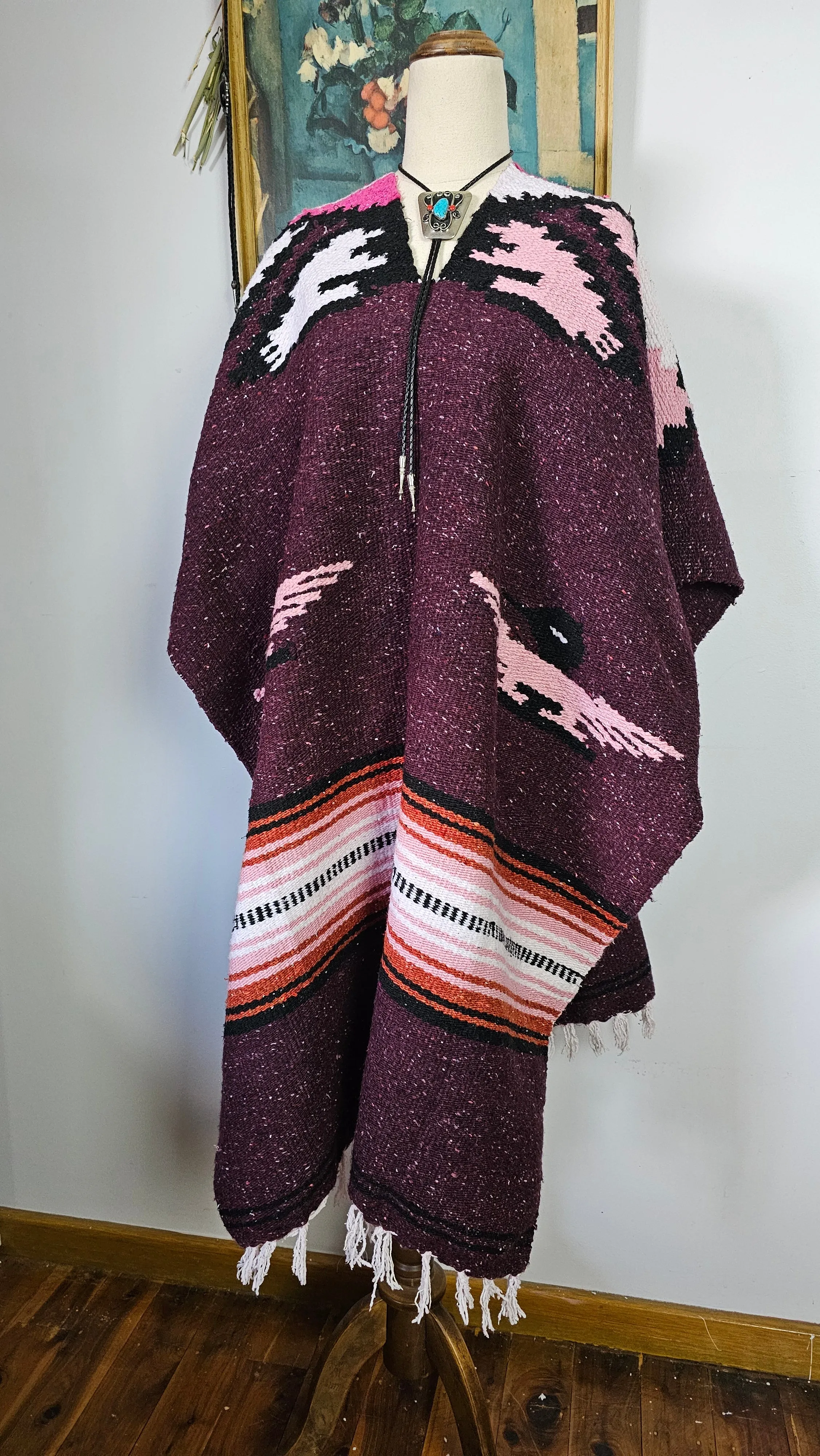 Vintage Mexican Bird Serape Poncho – Plum Pink