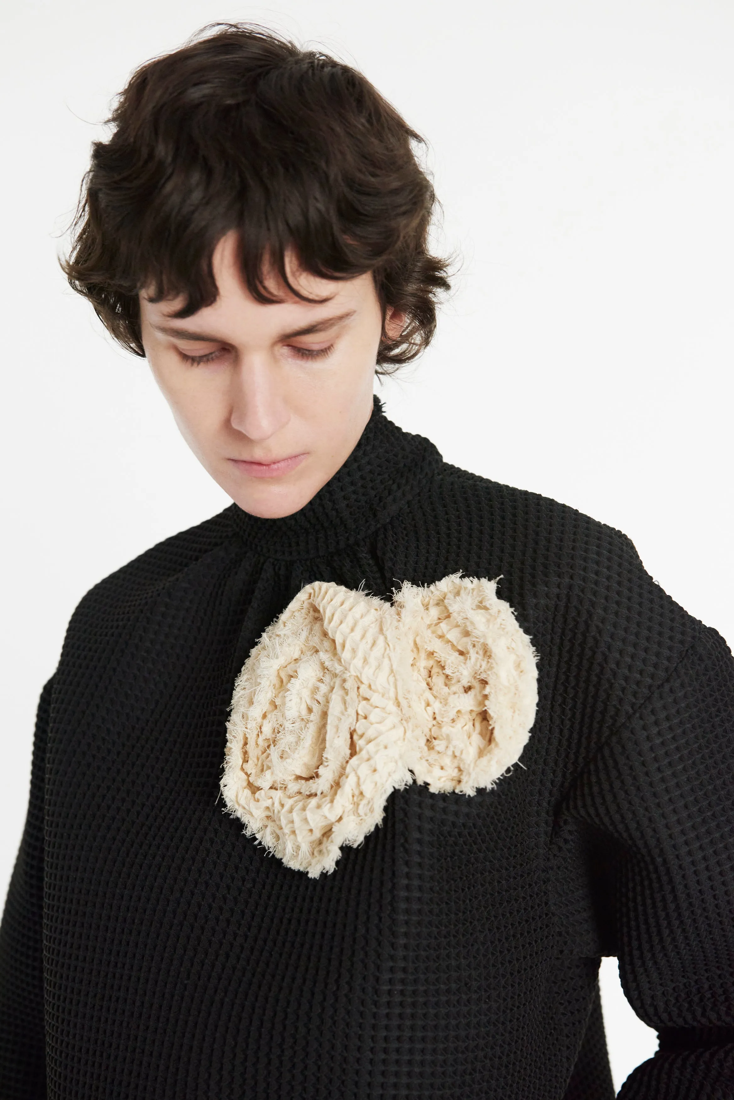 Waffle Texture Top With 3D Flowers Black