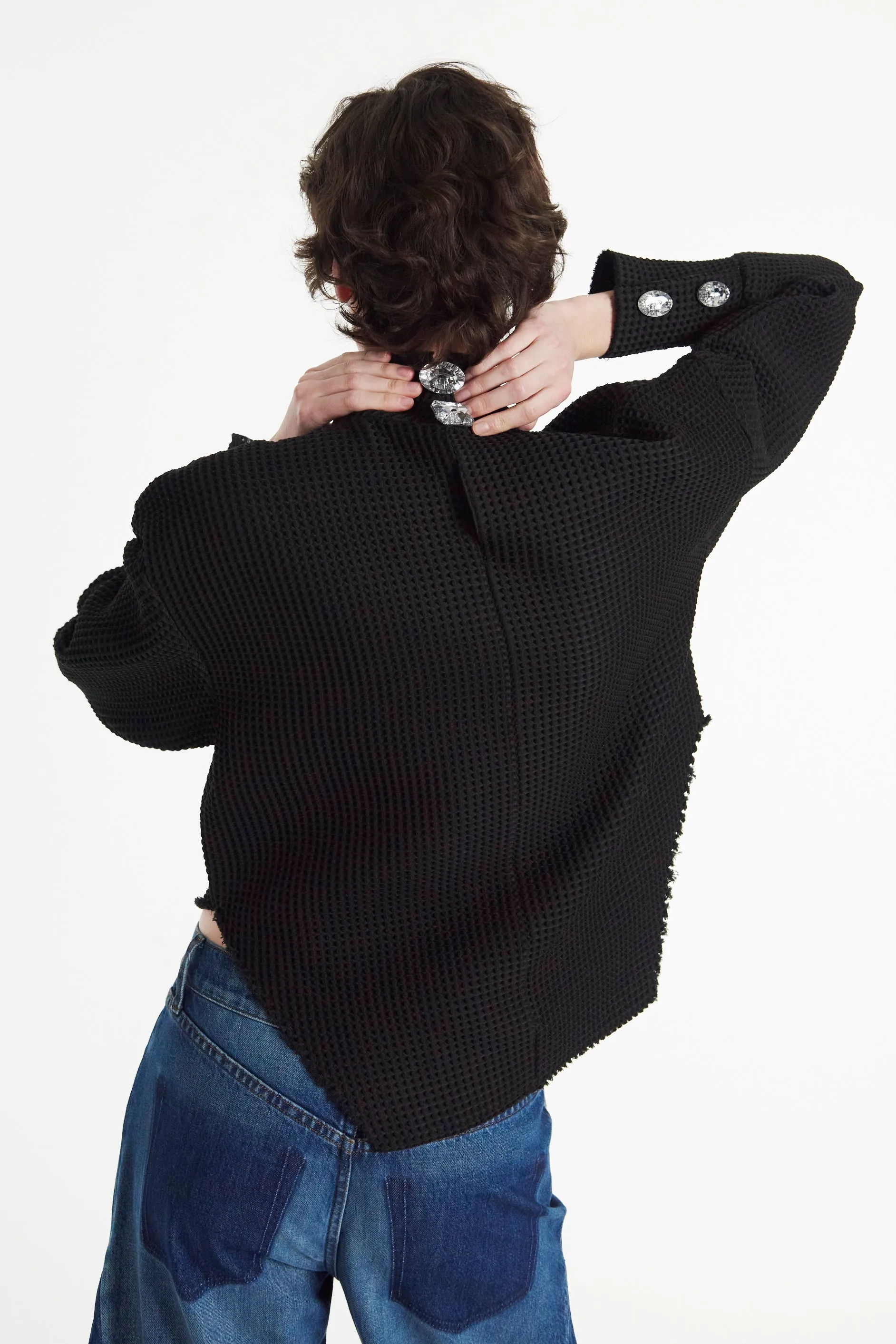 Waffle Texture Top With 3D Flowers Black
