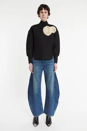 Waffle Texture Top With 3D Flowers Black