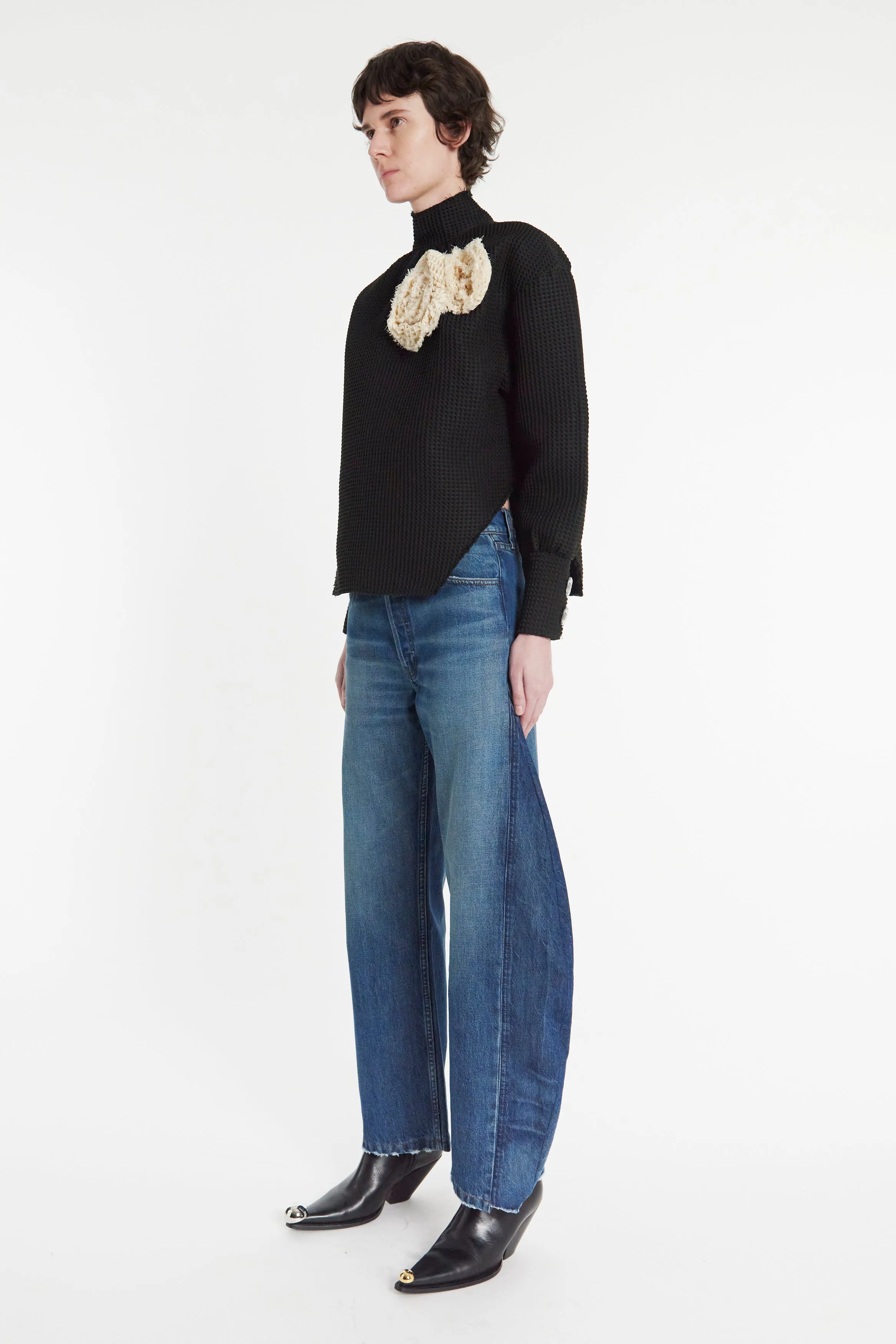 Waffle Texture Top With 3D Flowers Black