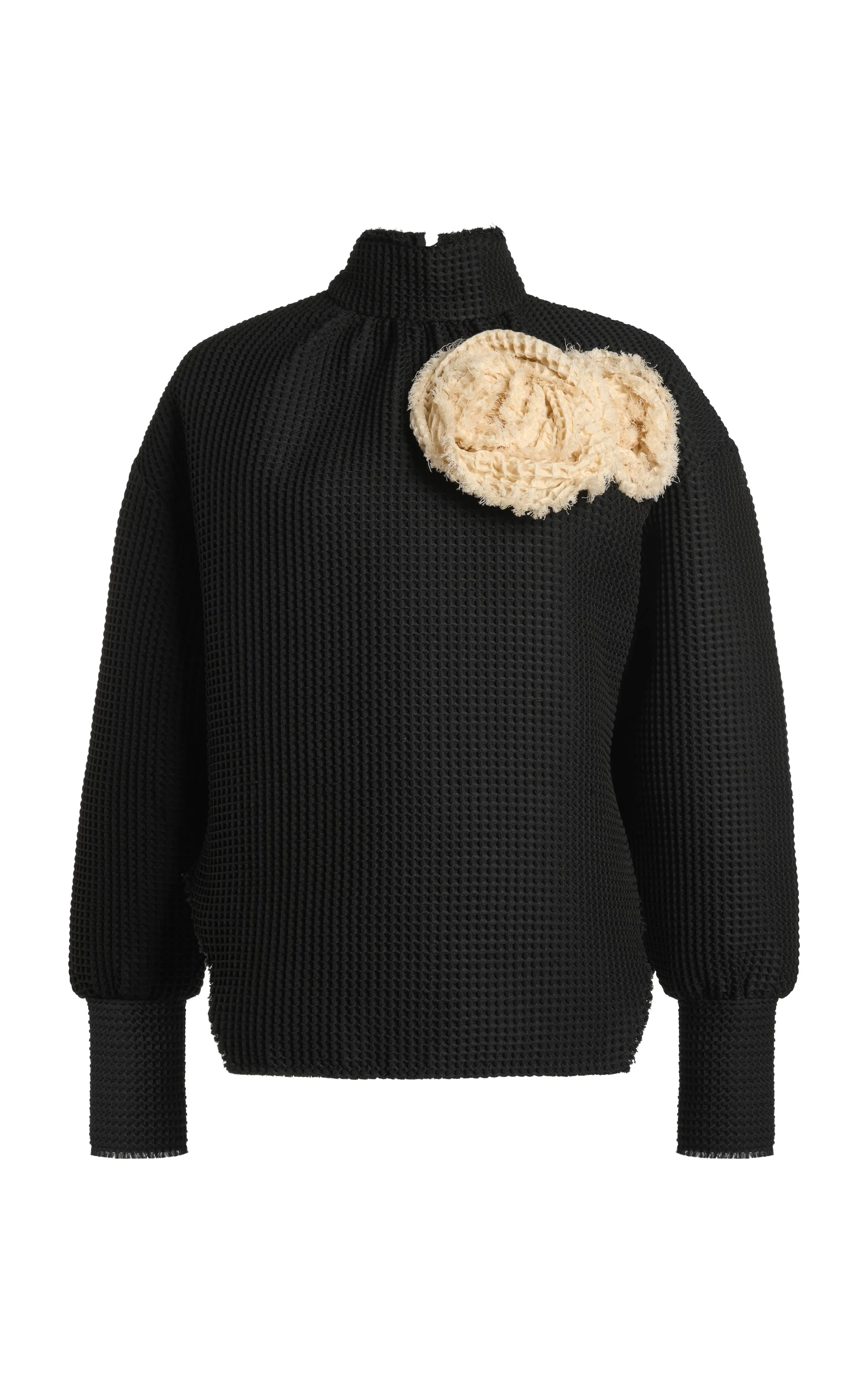 Waffle Texture Top With 3D Flowers Black