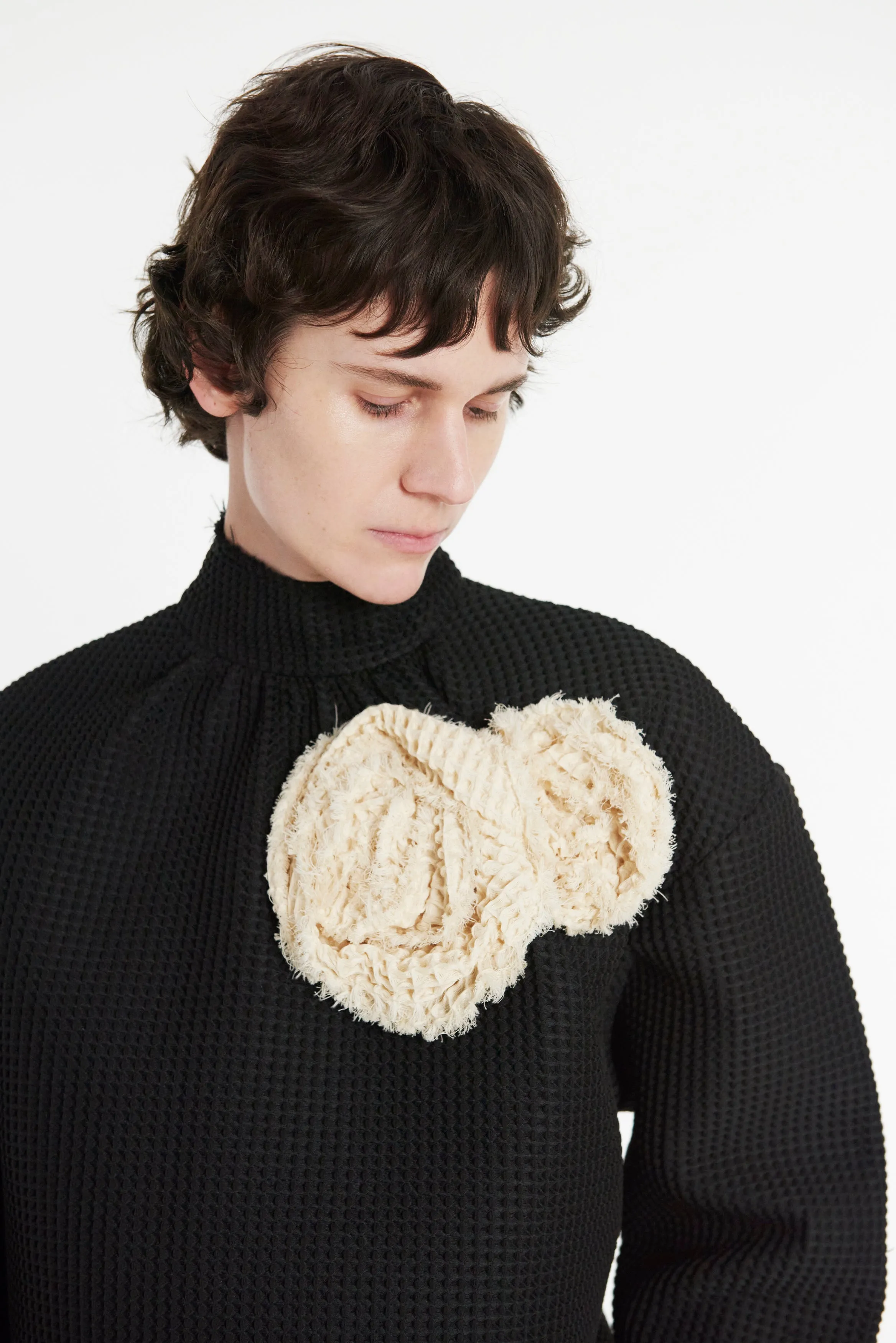 Waffle Texture Top With 3D Flowers Black