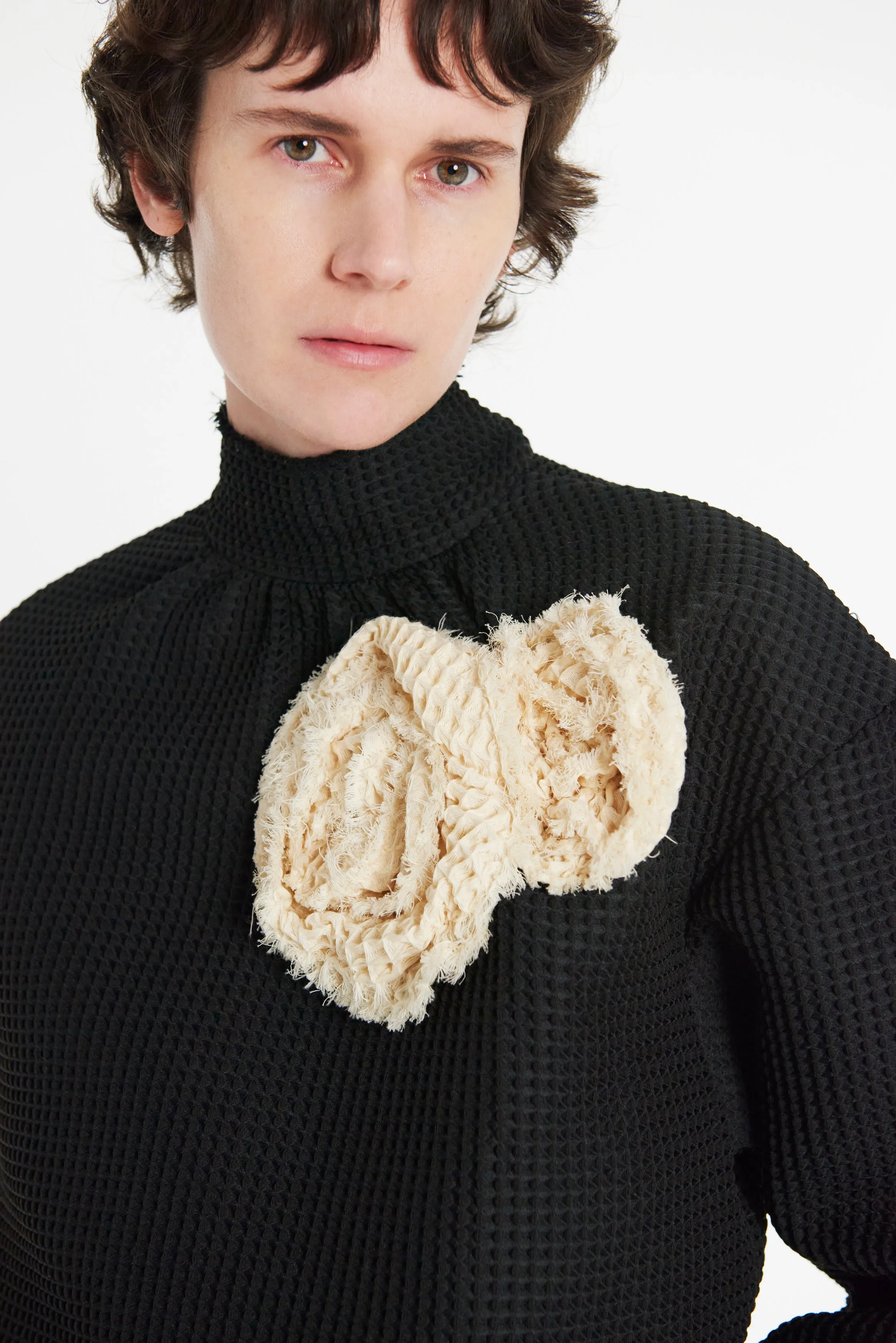 Waffle Texture Top With 3D Flowers Black