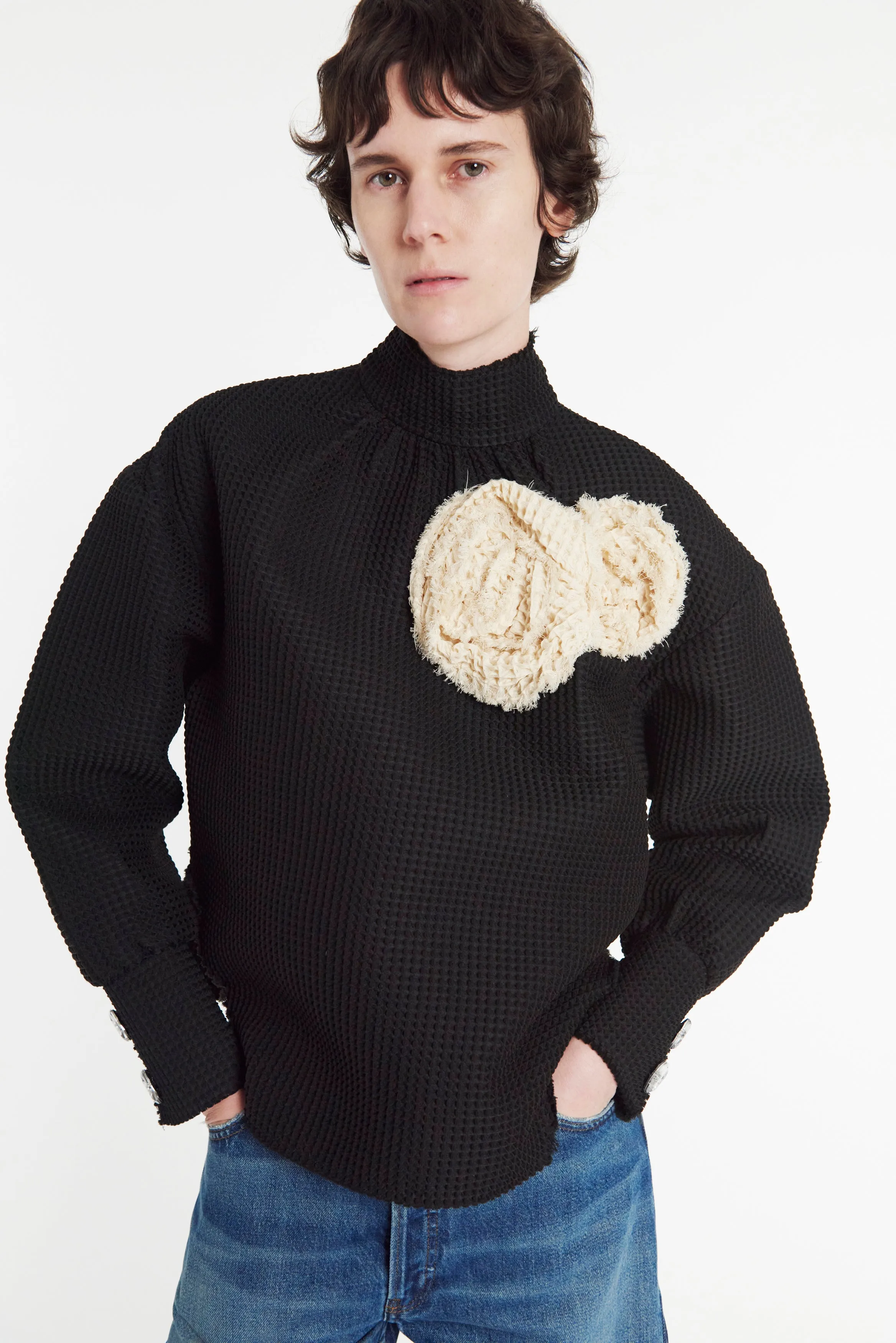 Waffle Texture Top With 3D Flowers Black