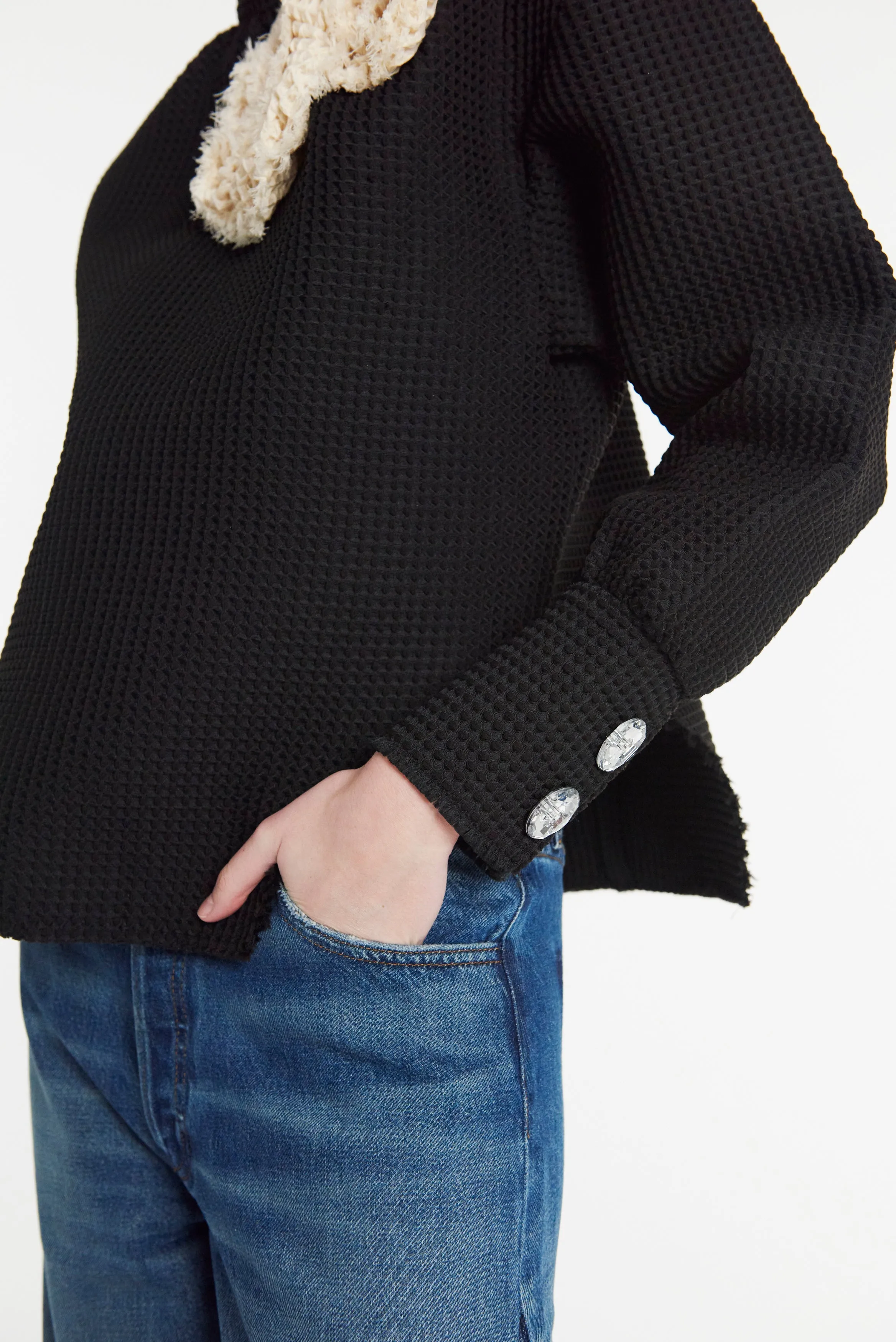 Waffle Texture Top With 3D Flowers Black