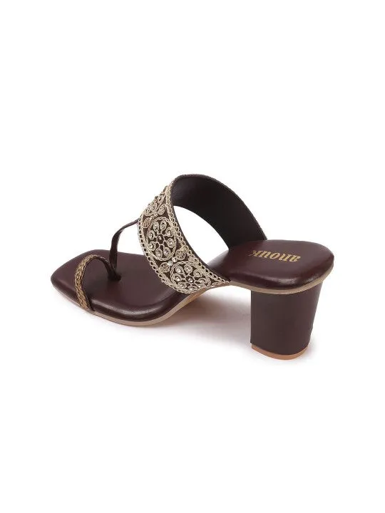 Women Floral Textured Ethnic Block Heels Sandals