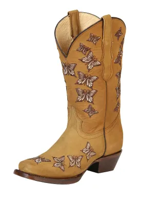 Women's Classic Oleobuck Leather Rodeo Boots with Butterflies 'El General' Honey Color 51222