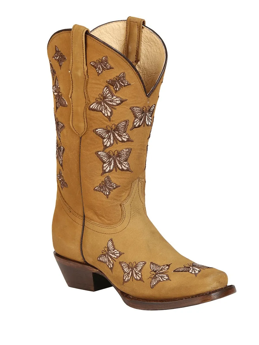 Women's Classic Oleobuck Leather Rodeo Boots with Butterflies 'El General' Honey Color 51222