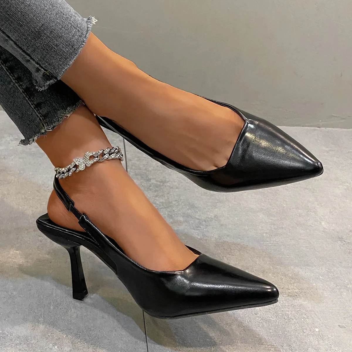 Womens Summer Pointed Toe Simple Solid Color High Heels PU Leather Outdoor Casual Party Dress