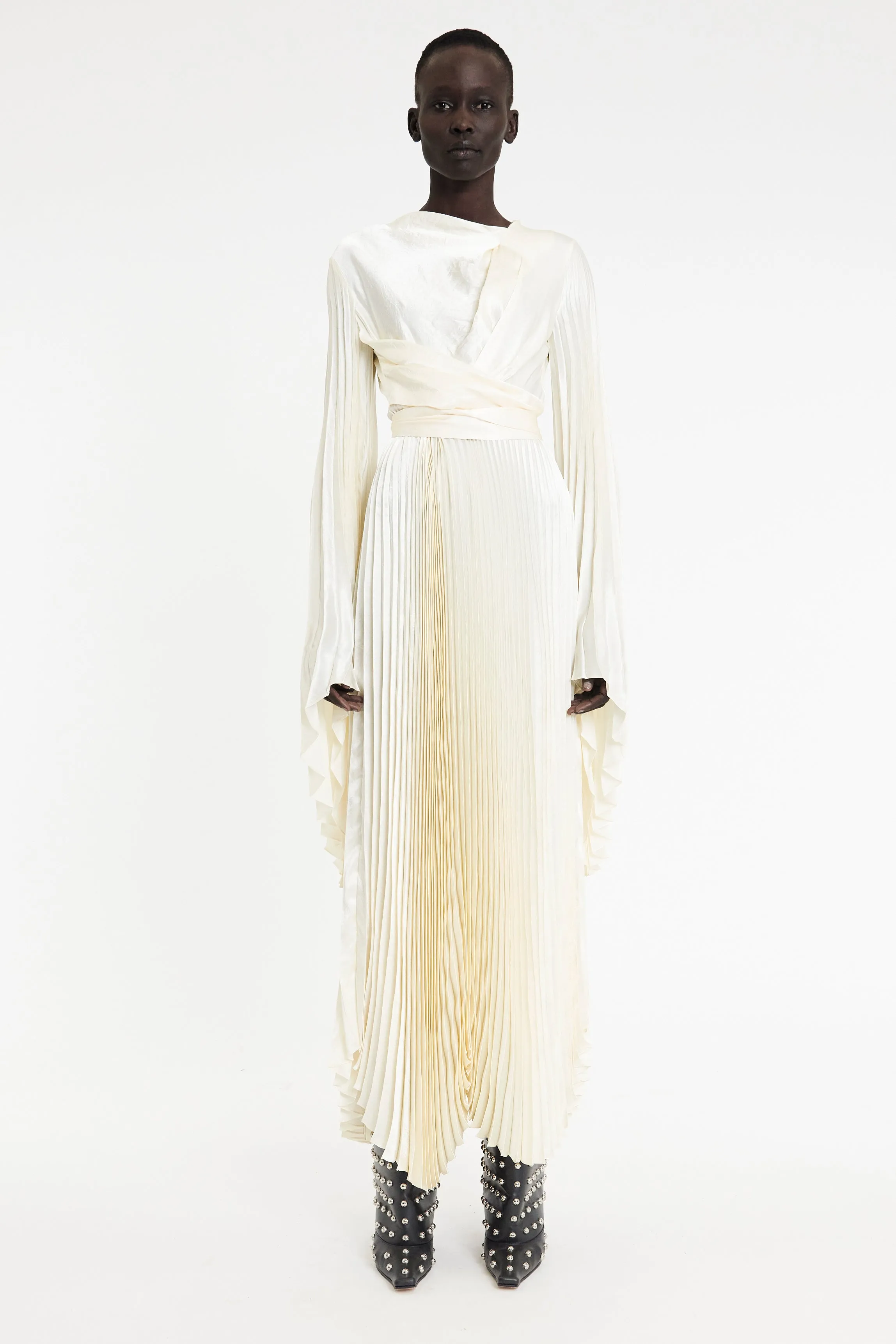 Wrap Around Maxi Dress With Pleated Skirt And Sleeves Ivory