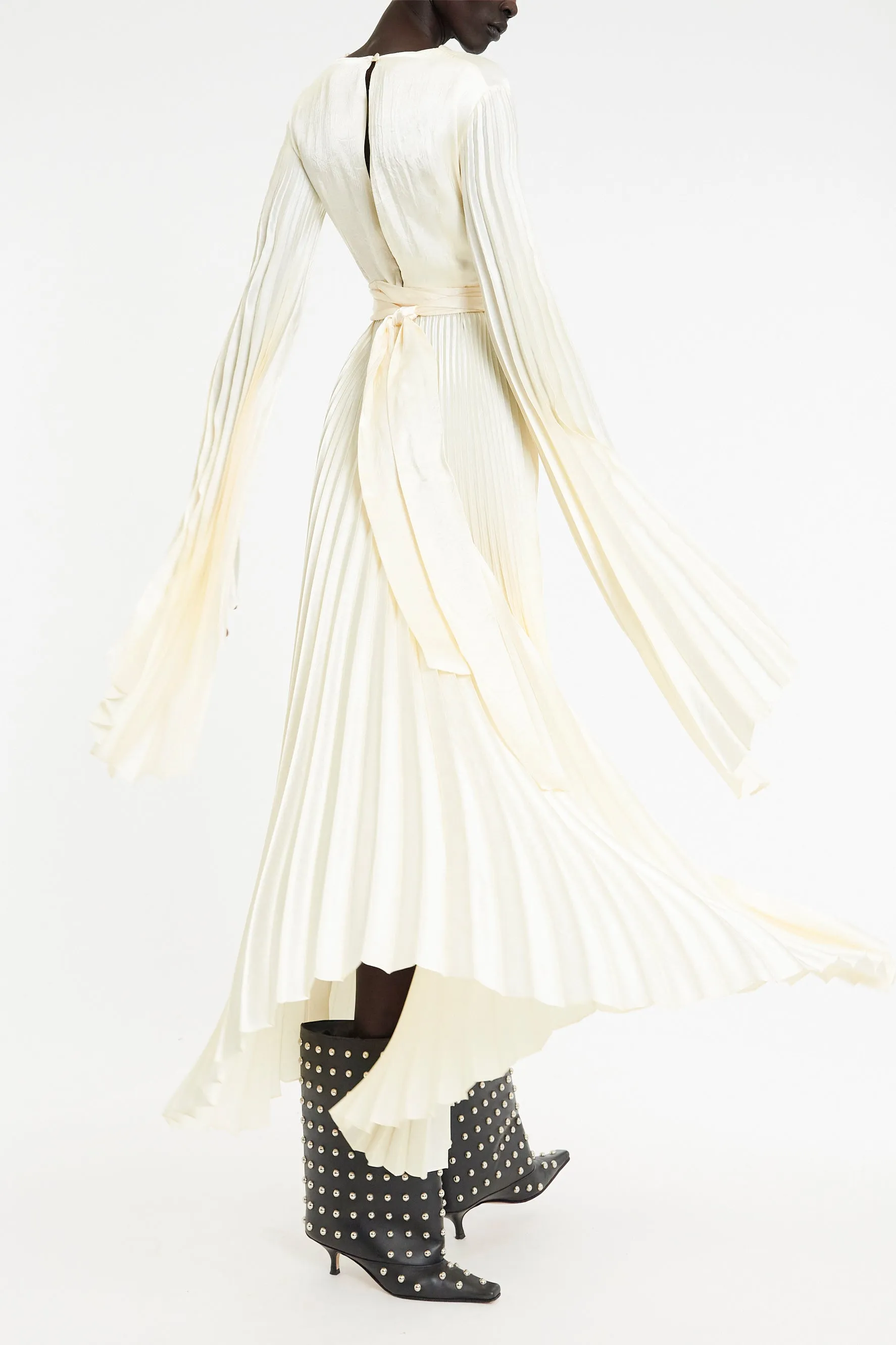 Wrap Around Maxi Dress With Pleated Skirt And Sleeves Ivory
